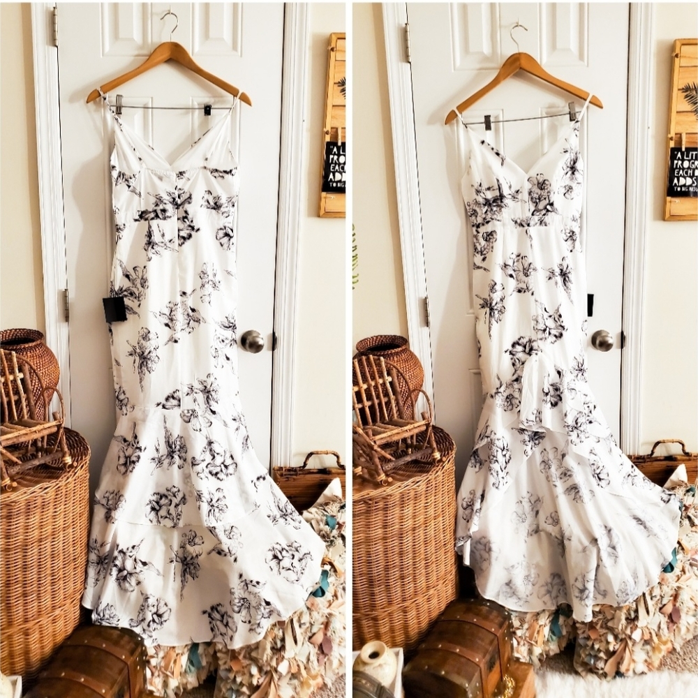 New Lulu's Day Lily Black & White Hi Low Floral Dress